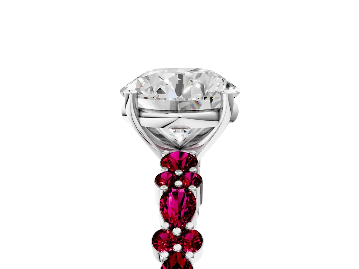 Round Cut Diamond Side Stone Solitaire Ring with Round Garnet and Four-Prong Setting Silver