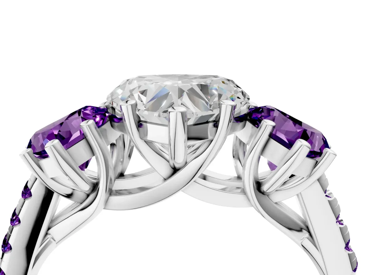 Three-Stone Heart Cut Diamond Ring with Round Amethyst Pavé Band and Prong Setting Silver