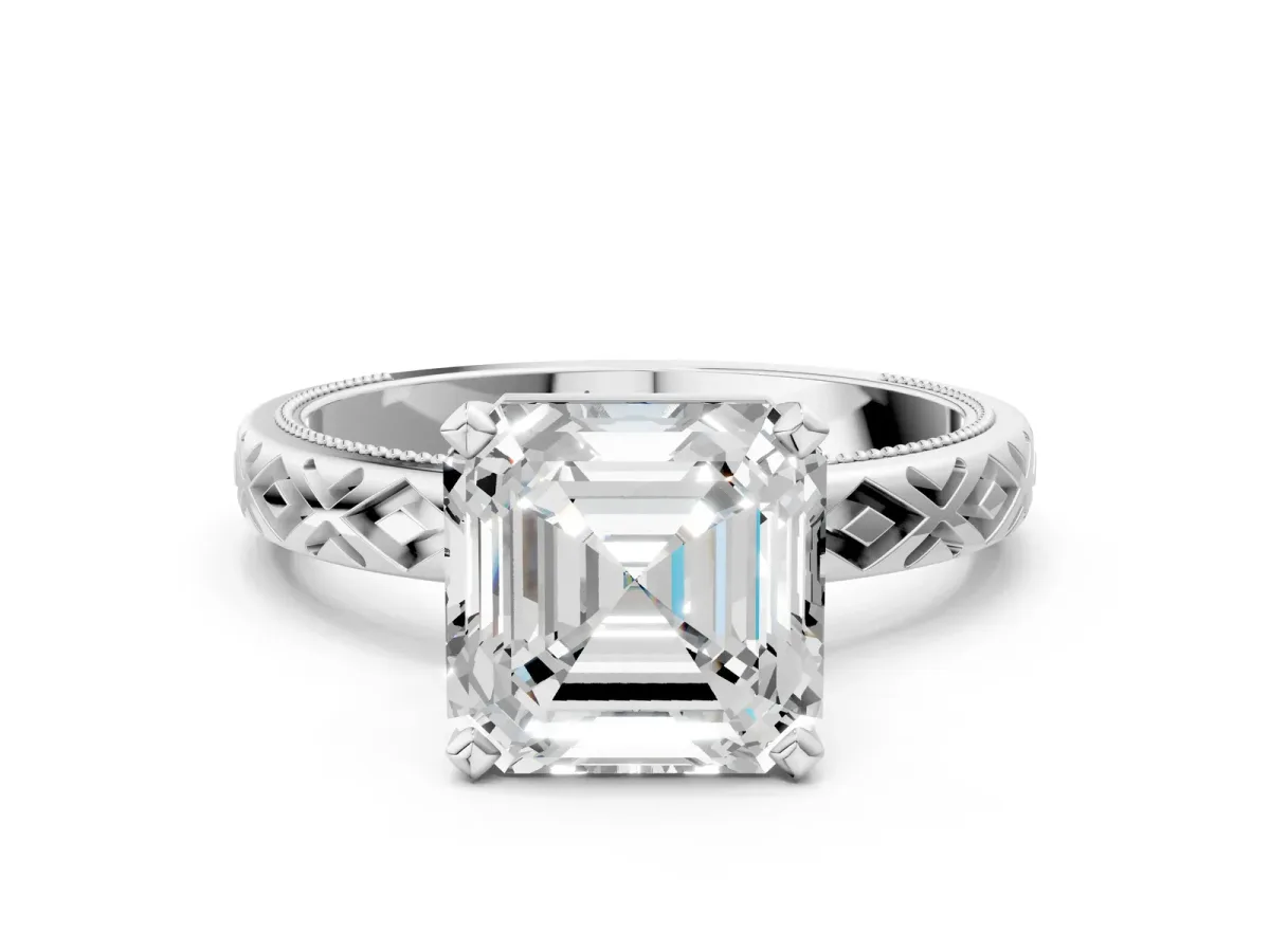 Asscher Cut Solitaire Diamond Ring with Milgrain and Black Enamel X Pattern Band Platinum