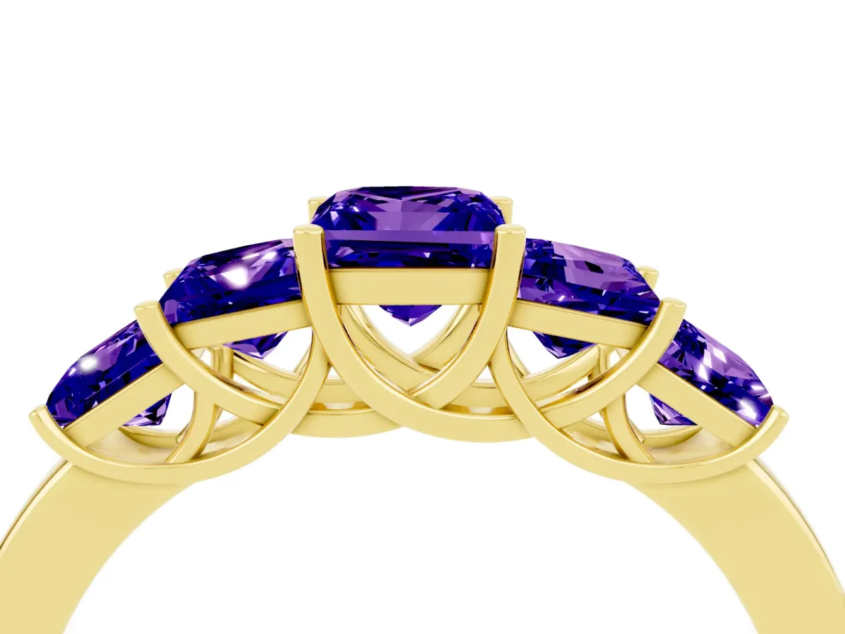 Princess Cut Five-Stone Tanzanite Ring with Classic Prong Setting Yellow gold