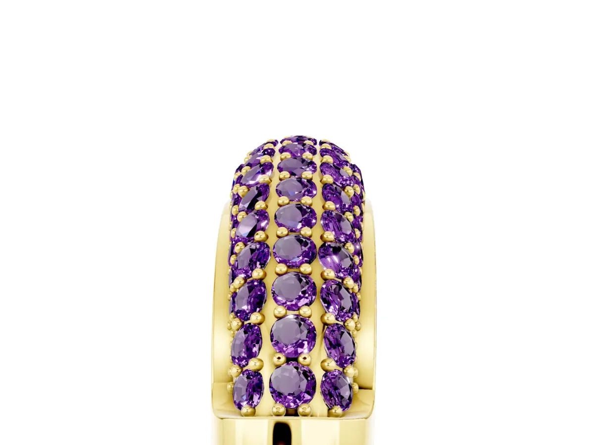 Three-Row Pavé Round Amethyst Dome Band Yellow gold