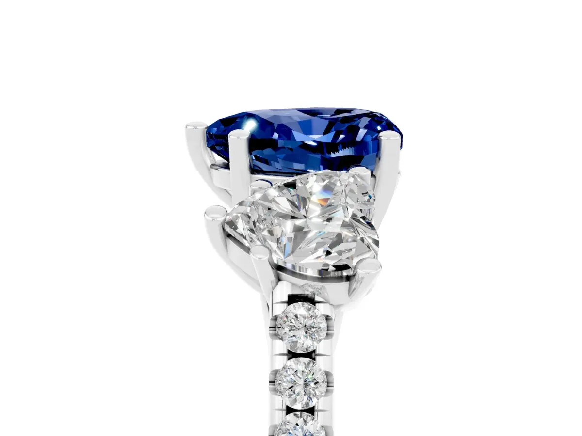 Three-Stone Heart Cut Blue Sapphire Ring with Round Pavé Band and Prong Setting Silver