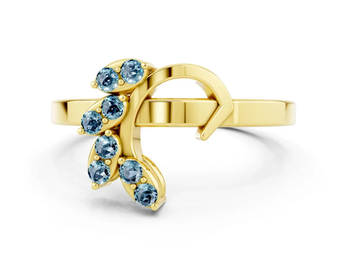 Marquise Aquamarine Cluster Bypass Ring with Prong Setting Yellow gold
