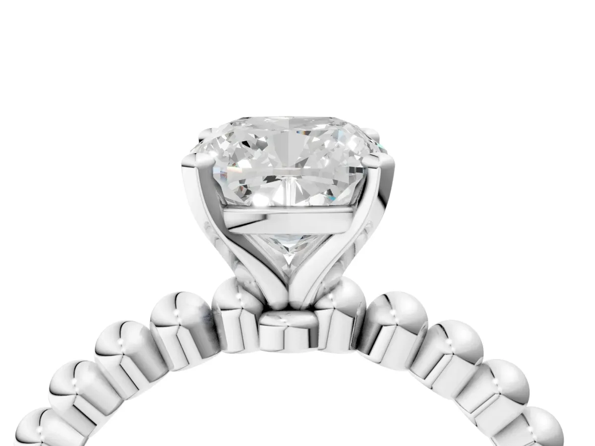 Cushion Cut Diamond Solitaire Ring with Beaded Band and Prong Setting Platinum