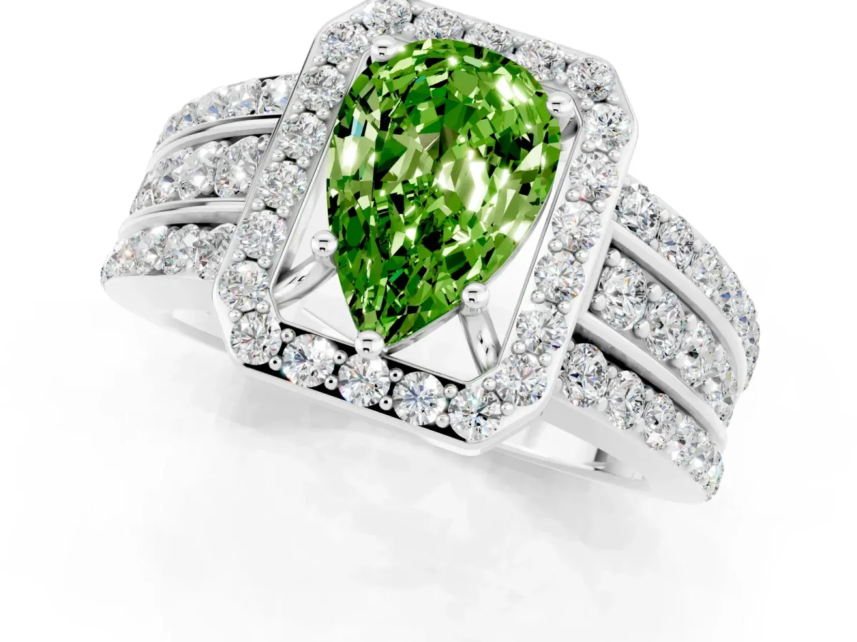 Pear Cut Halo Peridot Ring with Round Split Shank and Prong Setting Silver