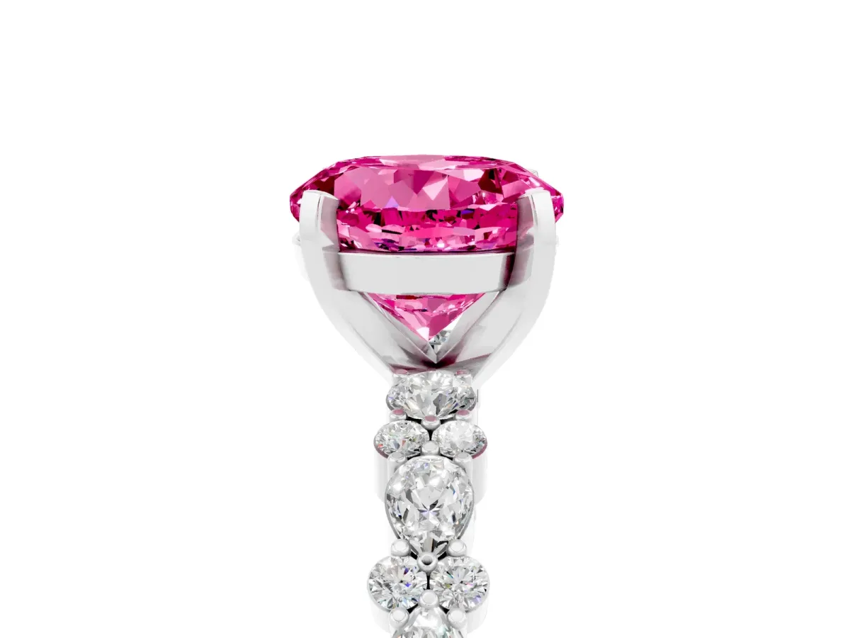 Round Cut Pink Sapphire Side Stone Solitaire Ring with Round and Four-Prong Setting Silver