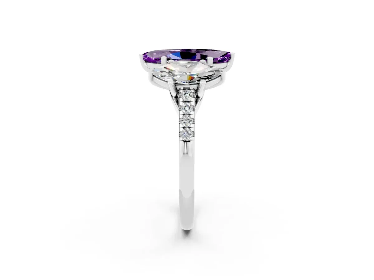 Three-Stone Marquise Cut Amethyst Ring with Round Pavé Band and Prong Setting Platinum