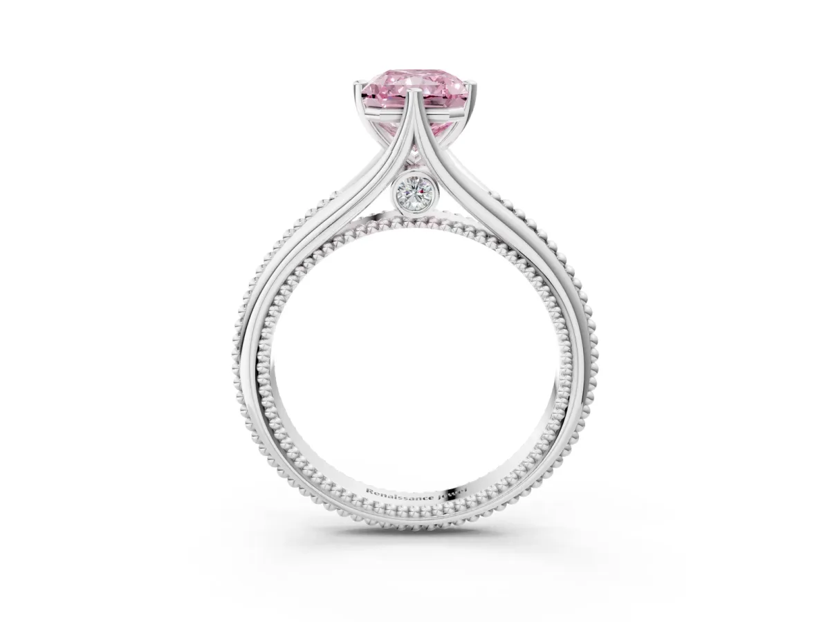 Fancy Pink Radiant Cut Solitaire Beaded Band Six-Prong Setting Platinum