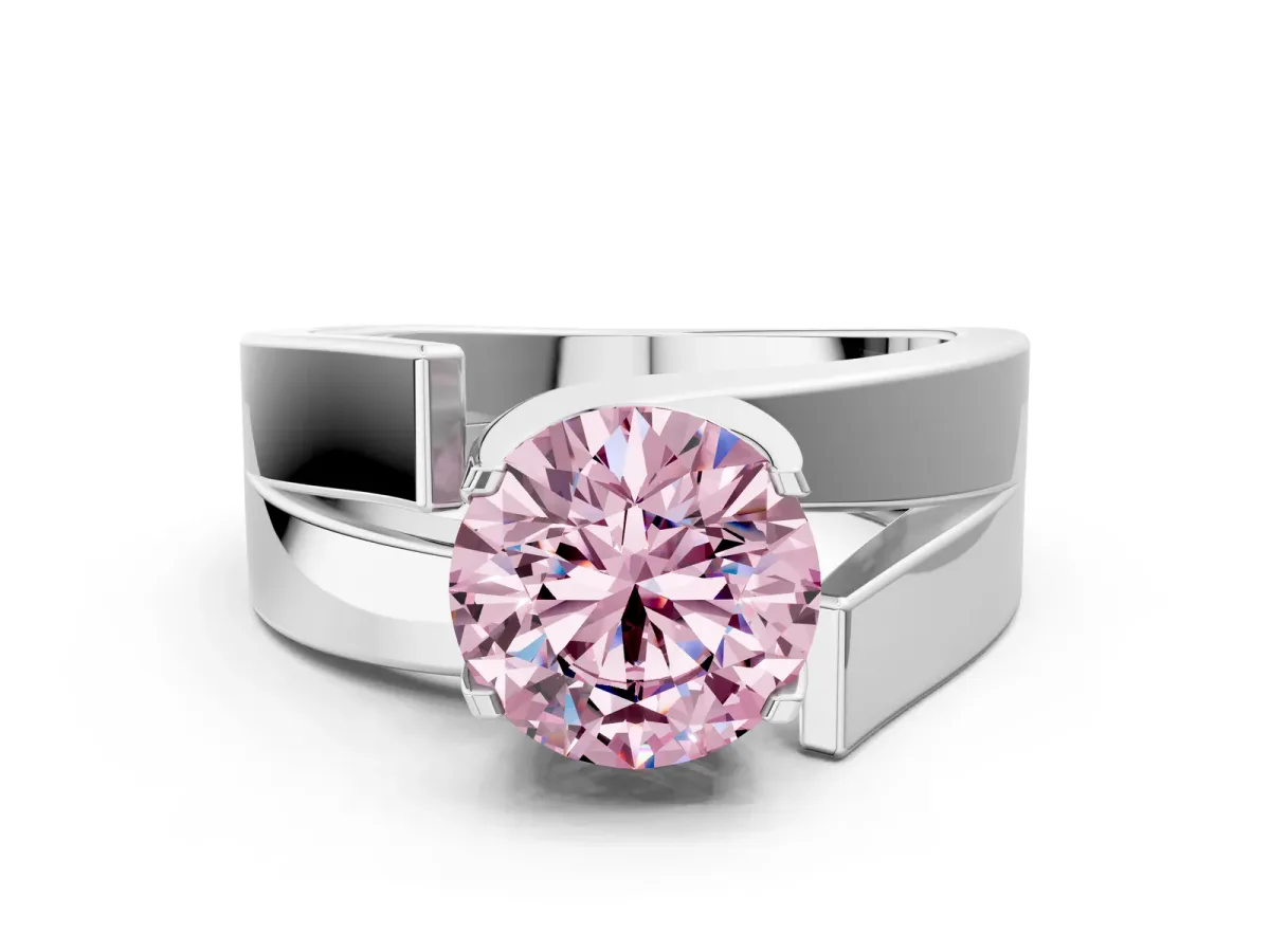 Fancy Pink Modern Tension Set Round Cut Diamond Solitaire Wide Band Ring Silver