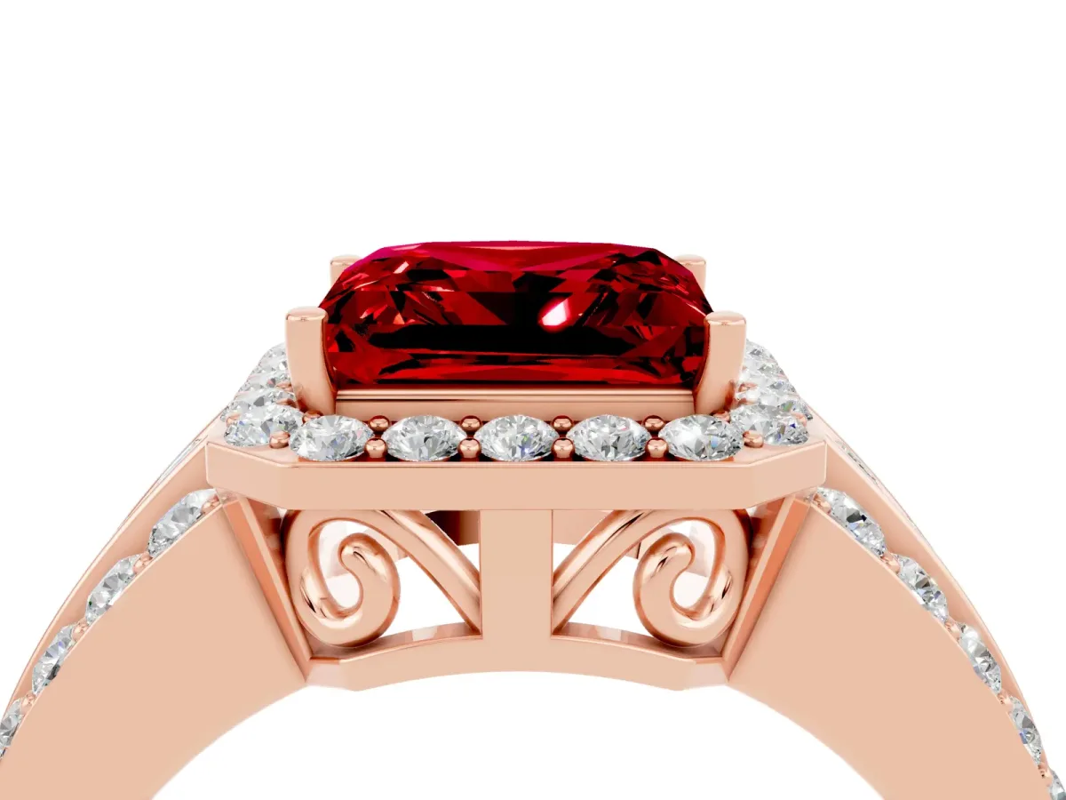 Princess Cut Halo Ruby Ring with Round Split Shank and Prong Setting Rose gold