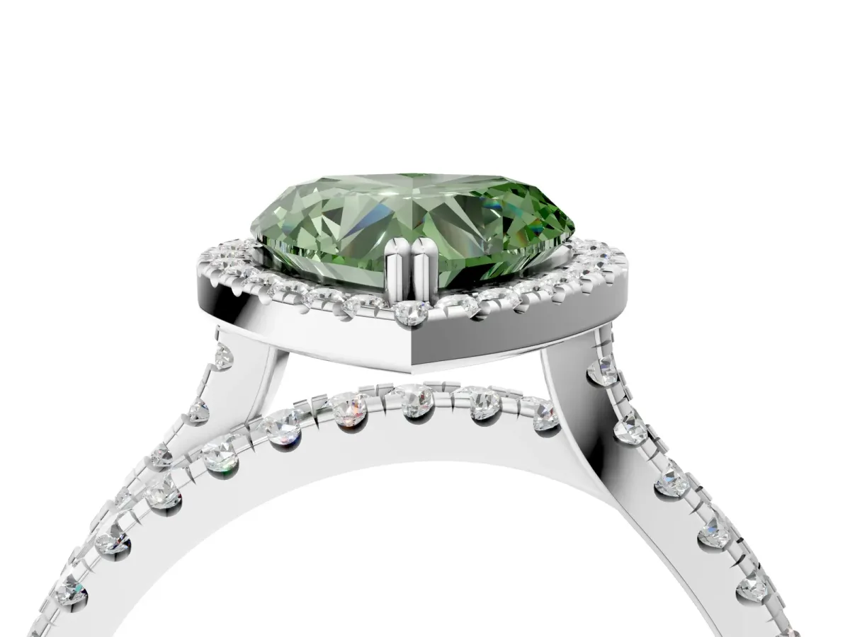 Fancy Green Heart Cut Halo Split Shank Diamond Ring with Pavé Setting Platinum