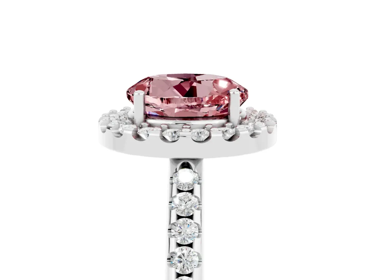 Round Cut Morganite Pavé Halo Ring with Four-Prong Setting Platinum