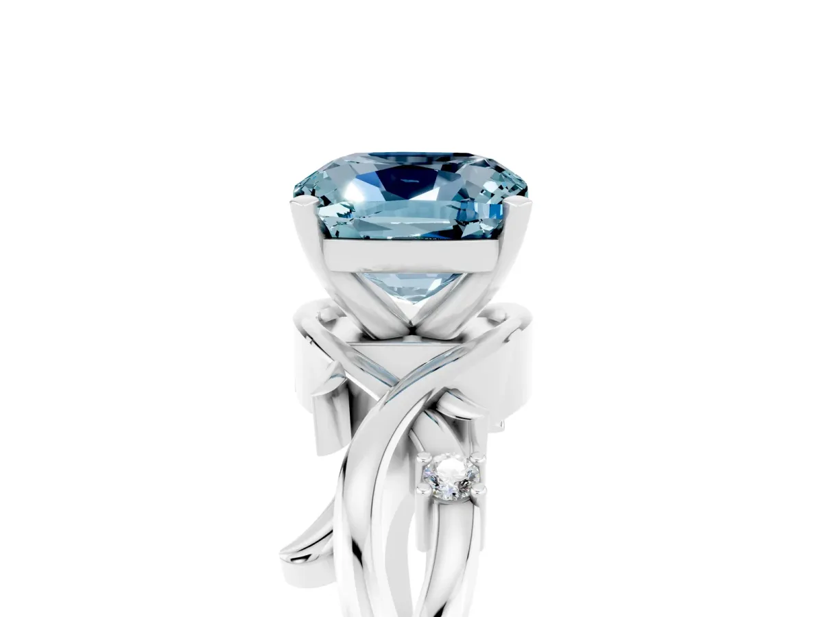 Cushion Cut Aquamarine Solitaire Ring with Twisted Band and Prong Setting Silver