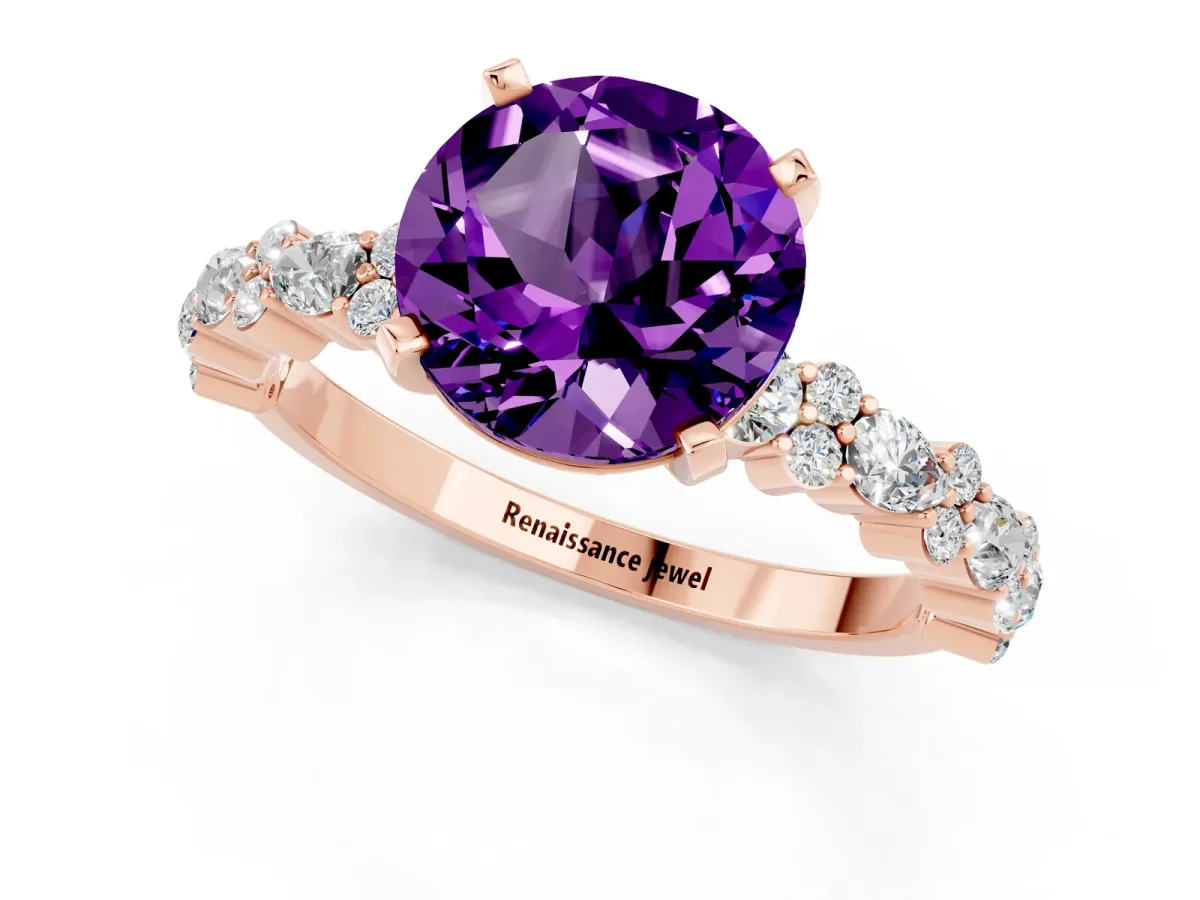 Round Cut Amethyst Side Stone Solitaire Ring with Round and Four-Prong Setting Rose gold