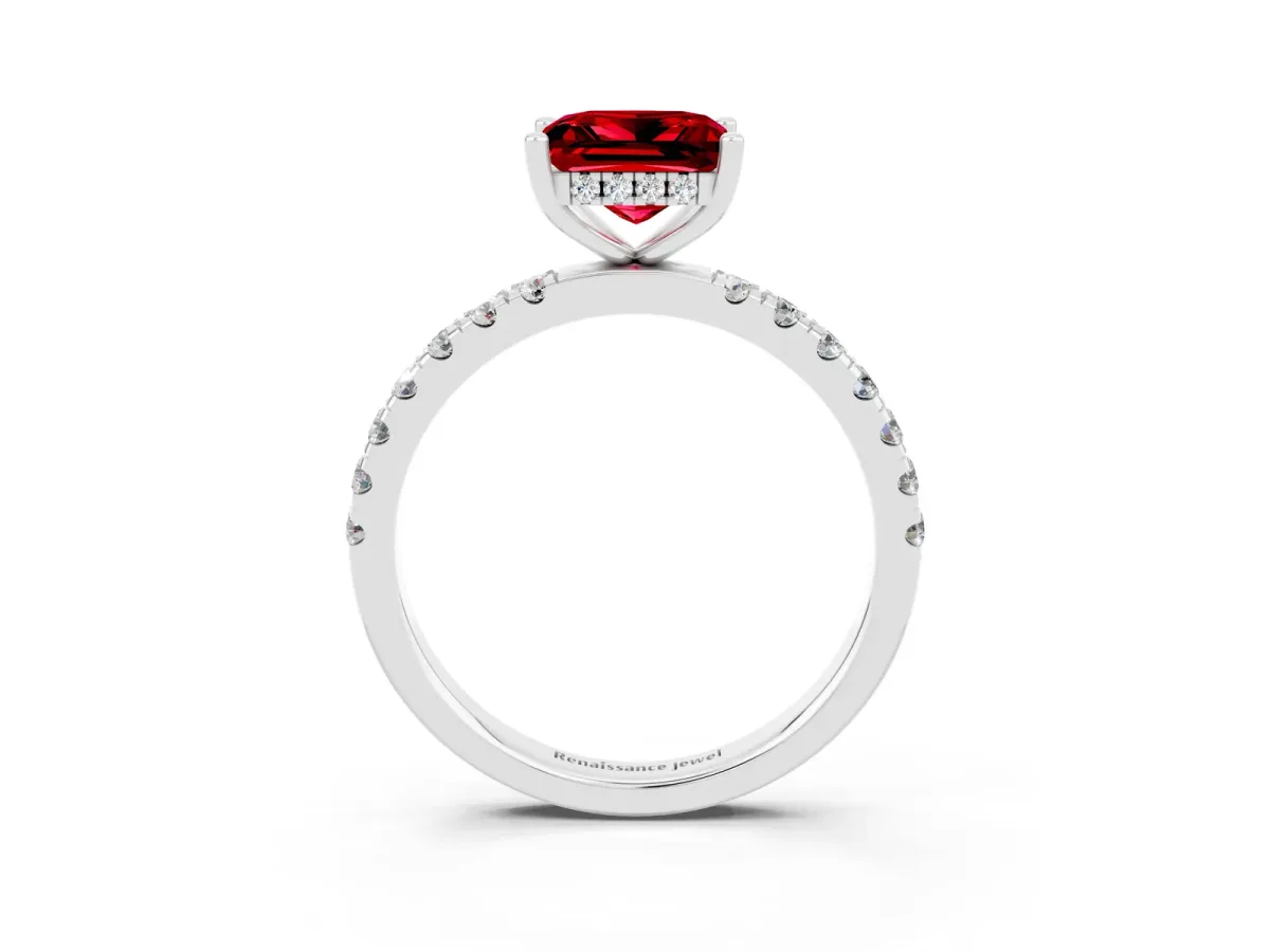 Princess Cut Ruby Pave Band Solitaire Ring with Round and Prong Setting Platinum