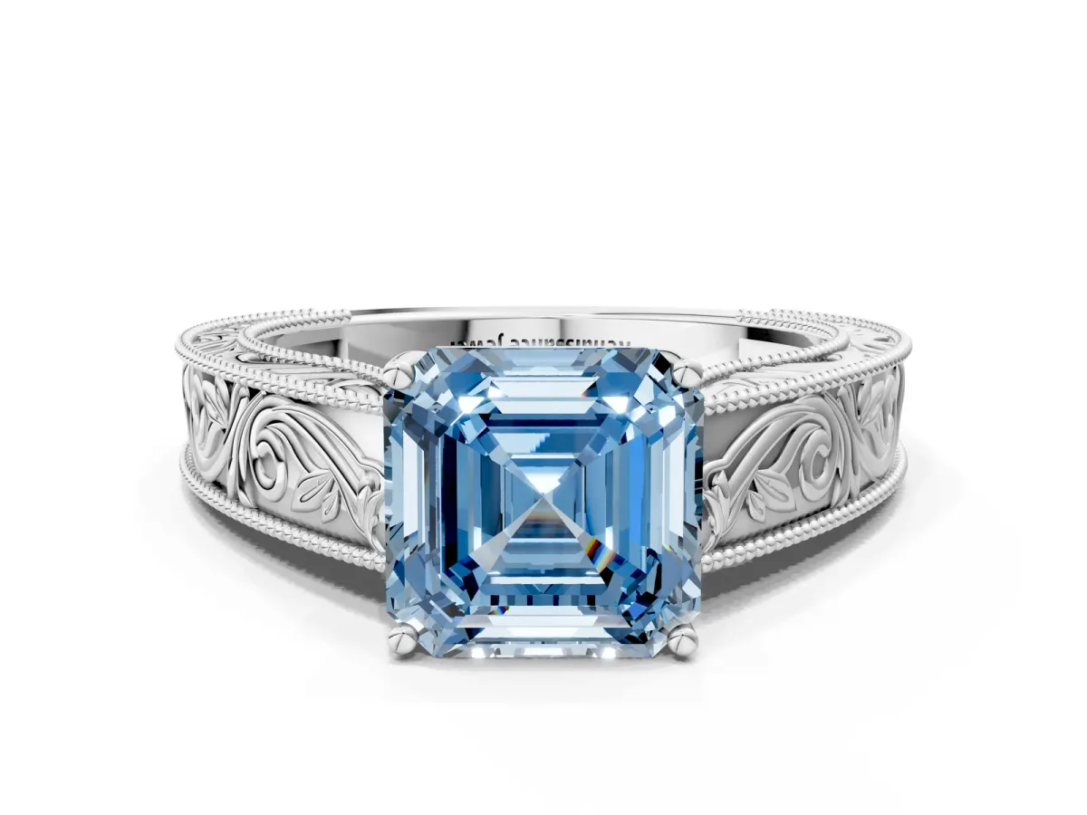 Fancy Blue Asscher Cut Diamond Solitaire Ring with Engraved Band and Four-Prong Setting Platinum