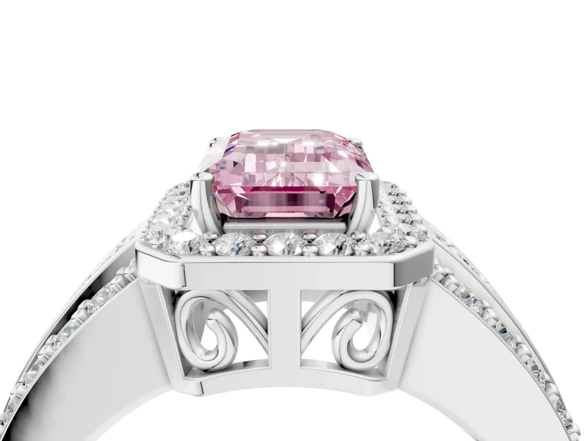Fancy Pink Emerald Cut Halo Diamond Ring with Round Split Shank and Prong Setting Silver