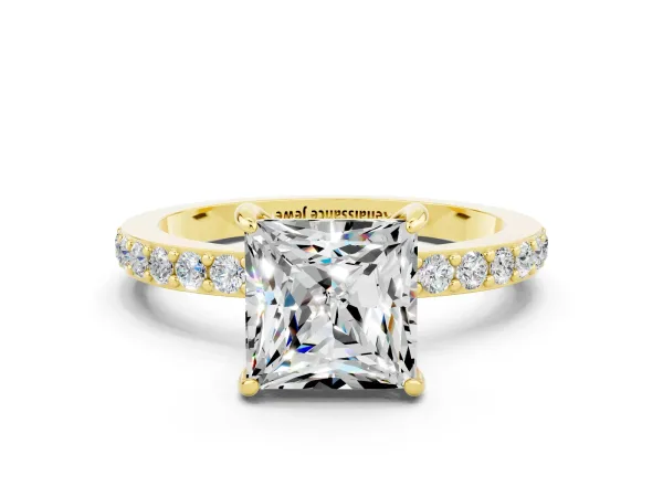 Princess Cut Moissanite Solitaire Engagement Ring with Pavé Band and Four-Prong Setting Yellow gold