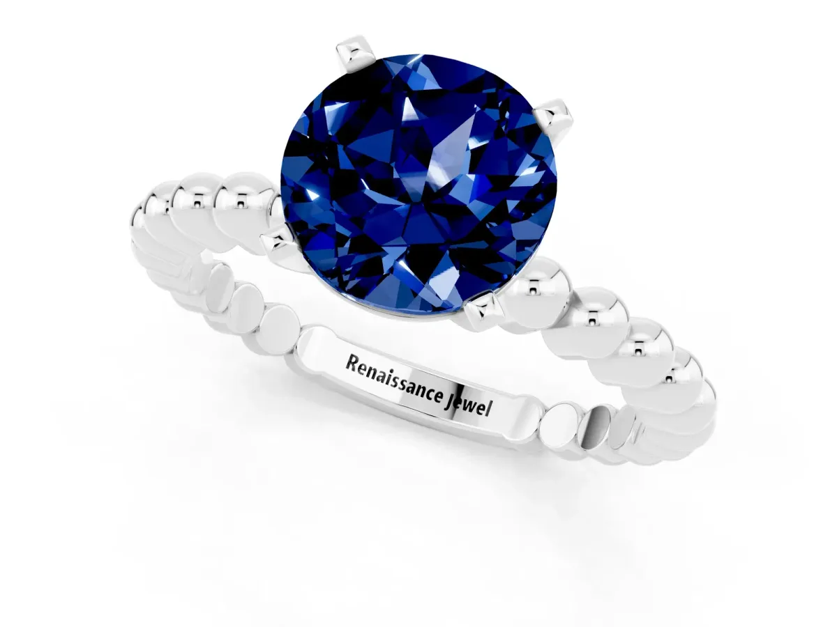 Round Cut Blue Sapphire Solitaire Ring with Beaded Band and Prong Setting Silver