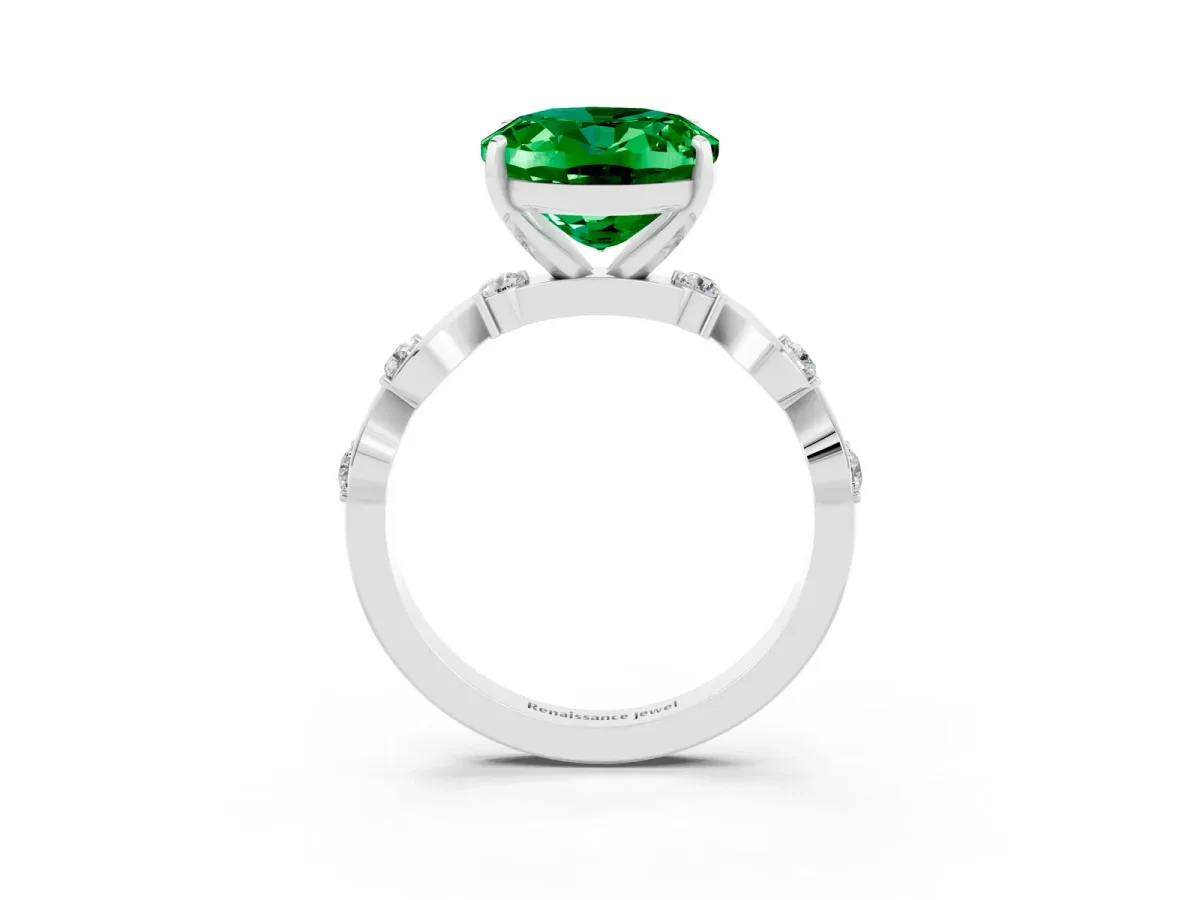 Oval Cut Emerald Solitaire Twisted Band with Round Accents and Prong Setting Silver