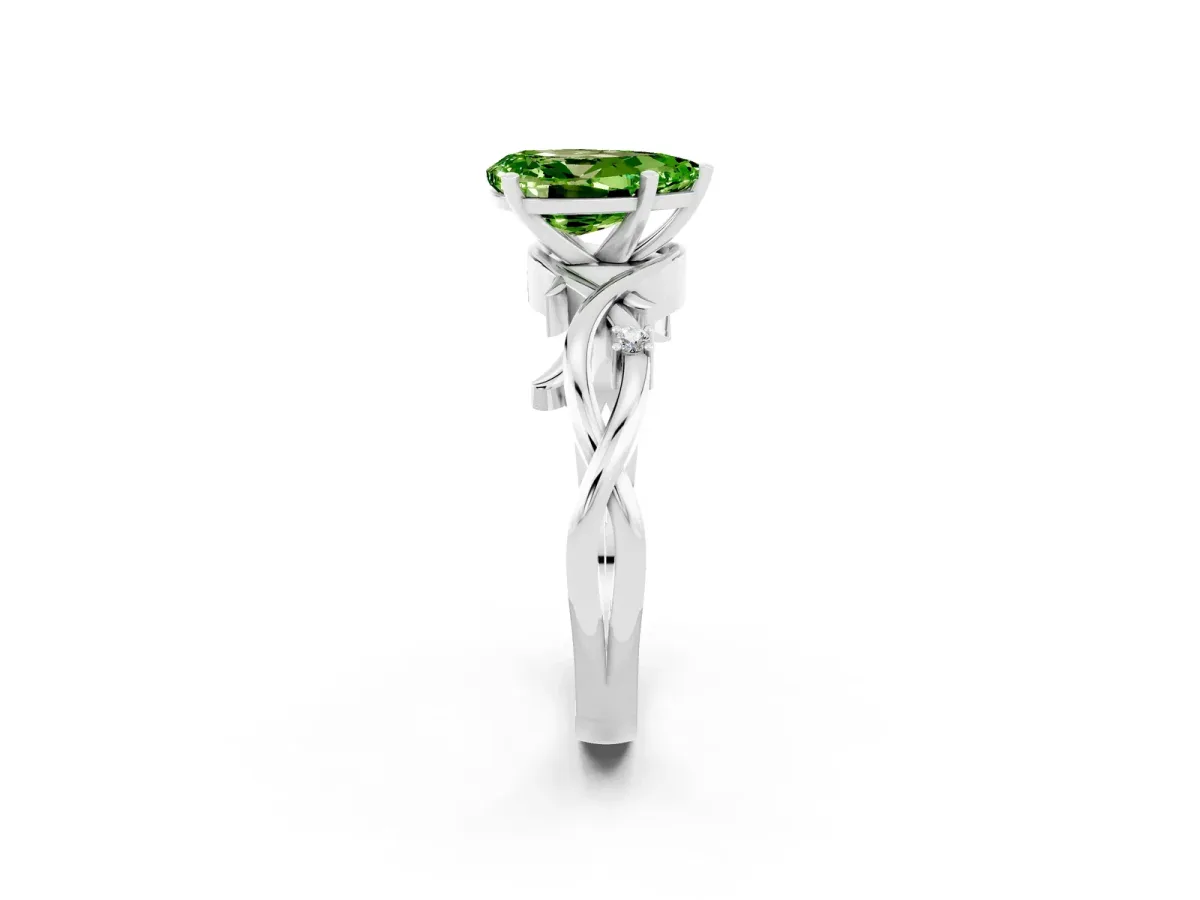 Pear Cut Peridot Solitaire Ring with Twisted Band and Prong Setting White gold