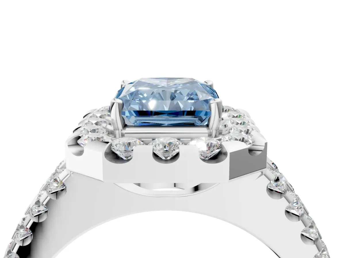 Fancy Blue Radiant Cut Halo Diamond Split Shank Engagement Ring with Prong Setting Platinum