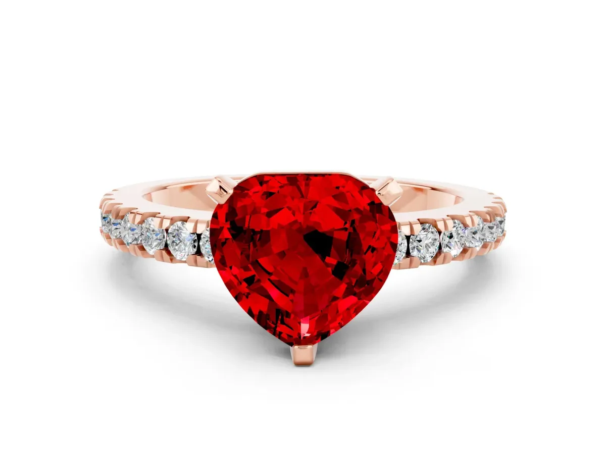 Heart Cut Solitaire Ruby with Pavé Band and Four-Prong Setting Rose gold