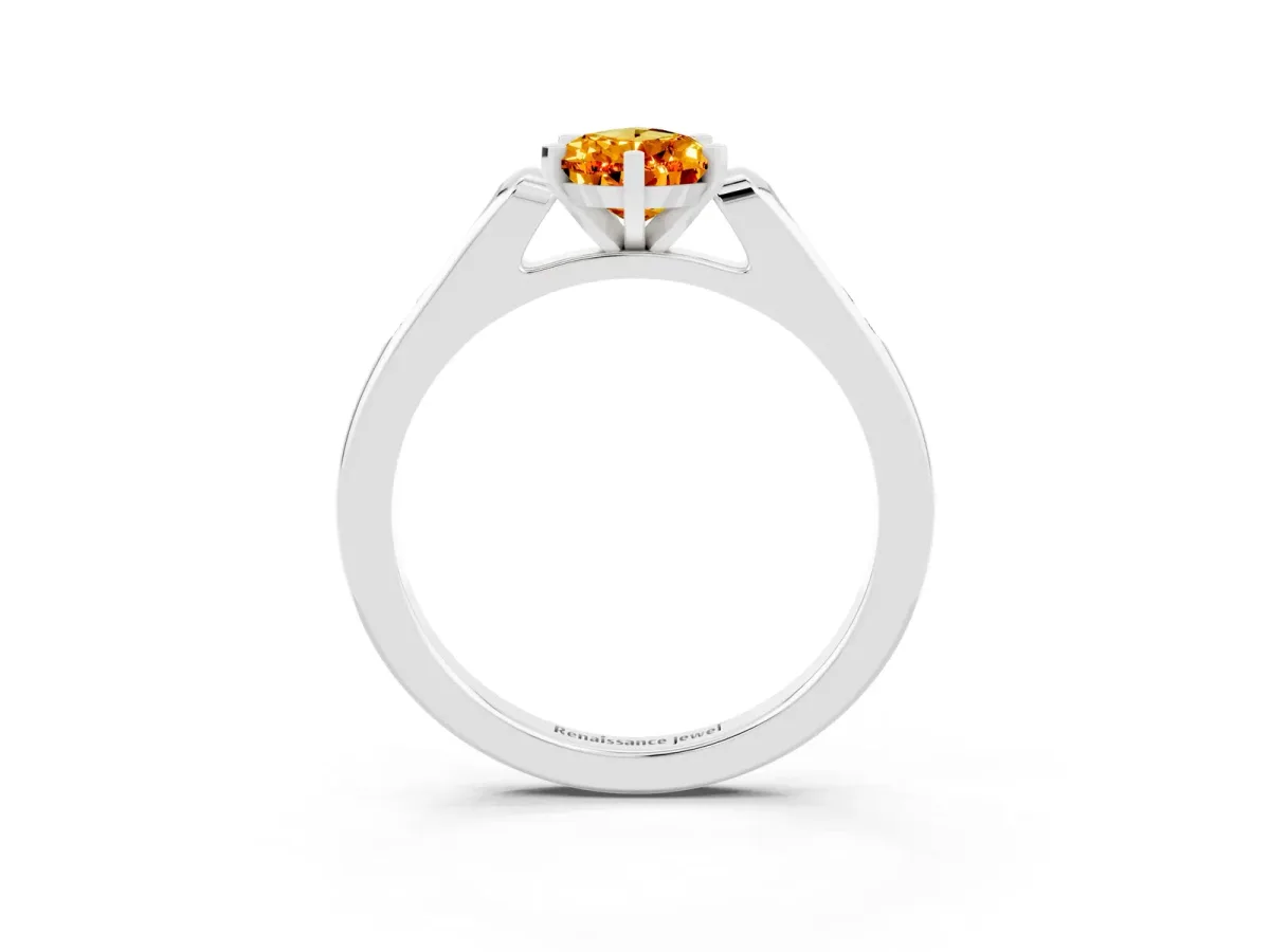 Pear Cut Citrine Solitaire Ring with Channel Set Round Band and Prong Setting Silver