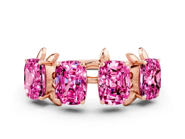 Four-Stone Elongated Cushion Pink Sapphire Band with Nature-Inspired Prong Setting Rose gold