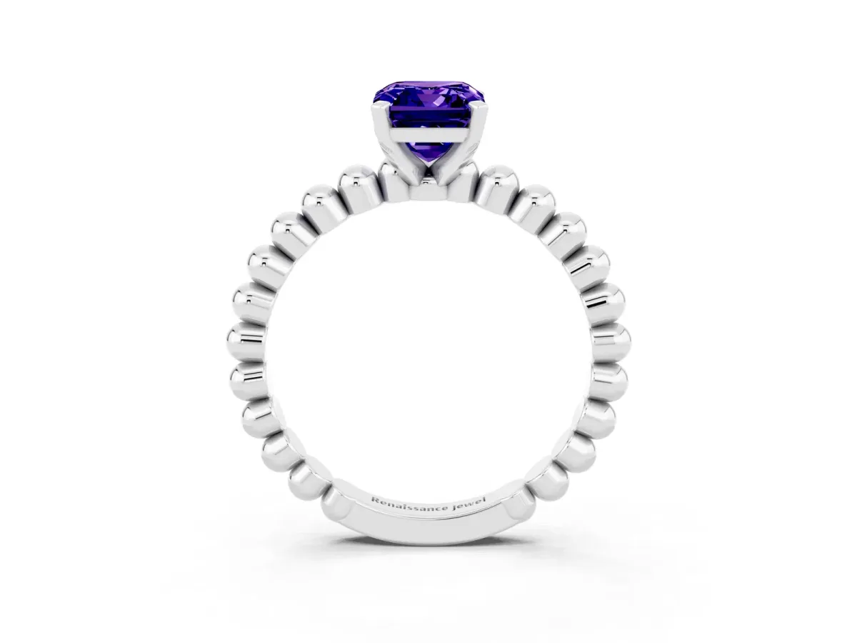 Emerald Cut Tanzanite Solitaire Ring with Beaded Band and Prong Setting Platinum