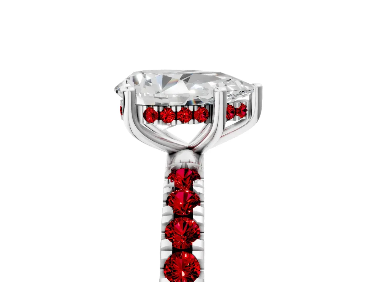Pear Cut Diamond Pave Band Solitaire Ring with Round Ruby and Prong Setting Platinum