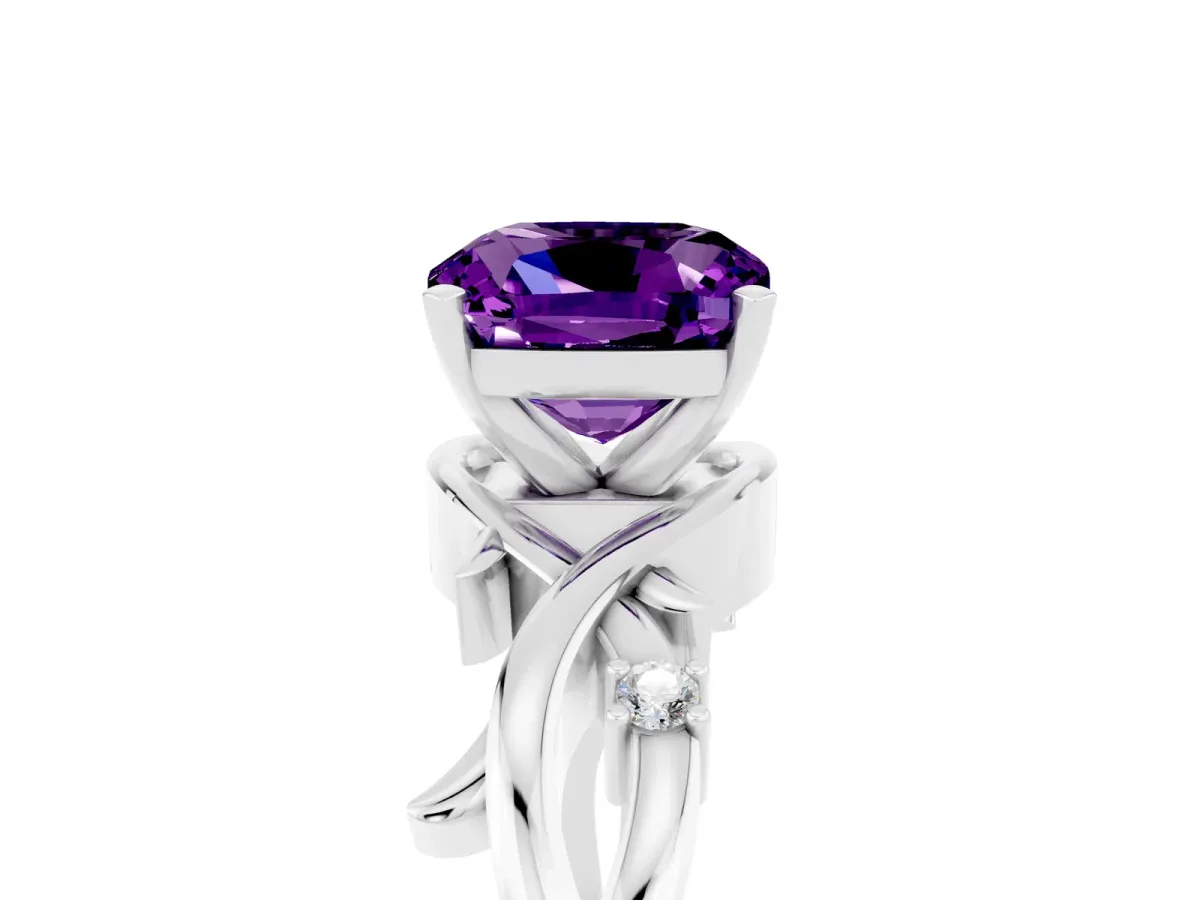 Cushion Cut Amethyst Solitaire Ring with Twisted Band and Prong Setting Silver