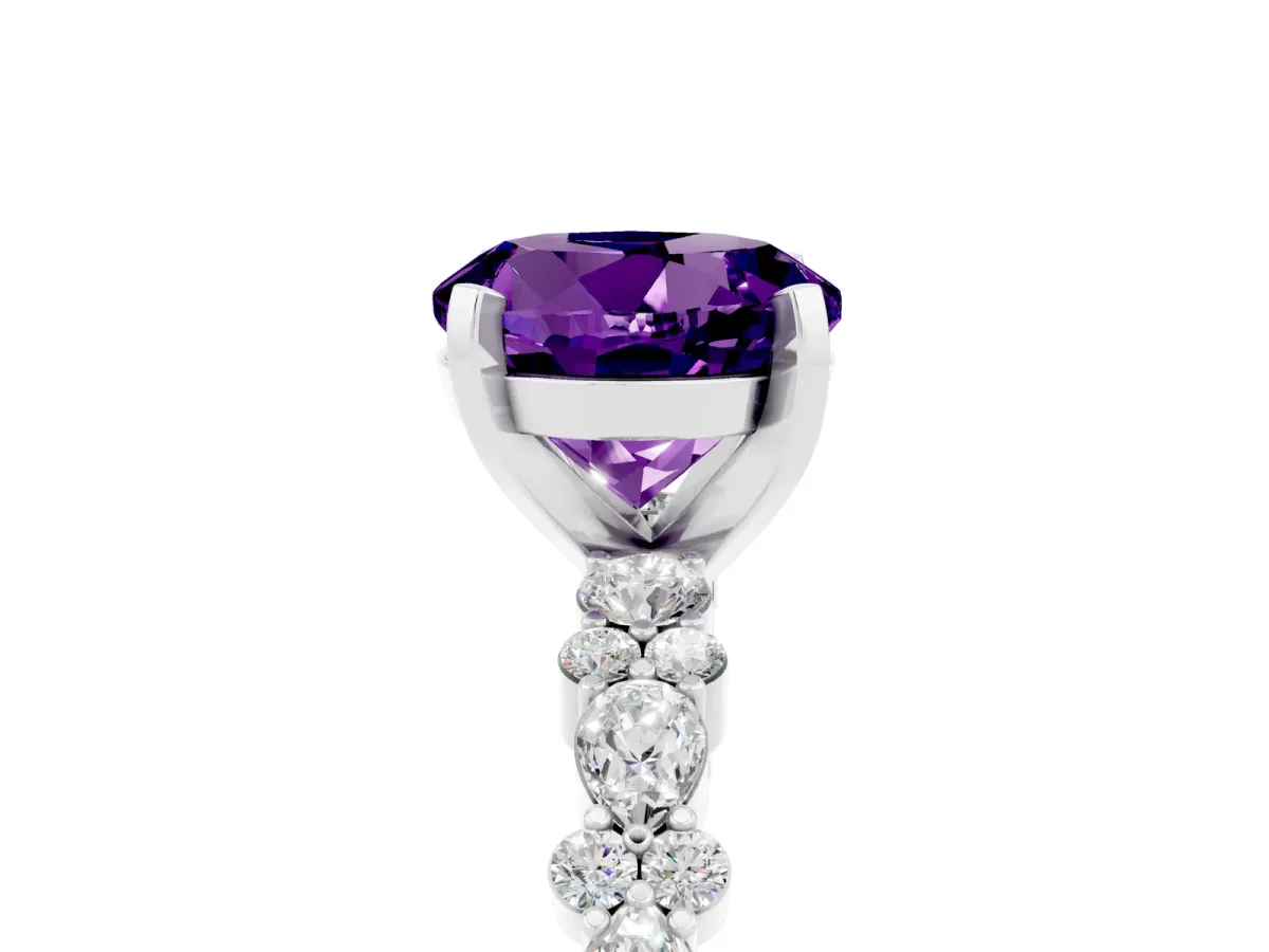 Round Cut Amethyst Side Stone Solitaire Ring with Round and Four-Prong Setting Platinum