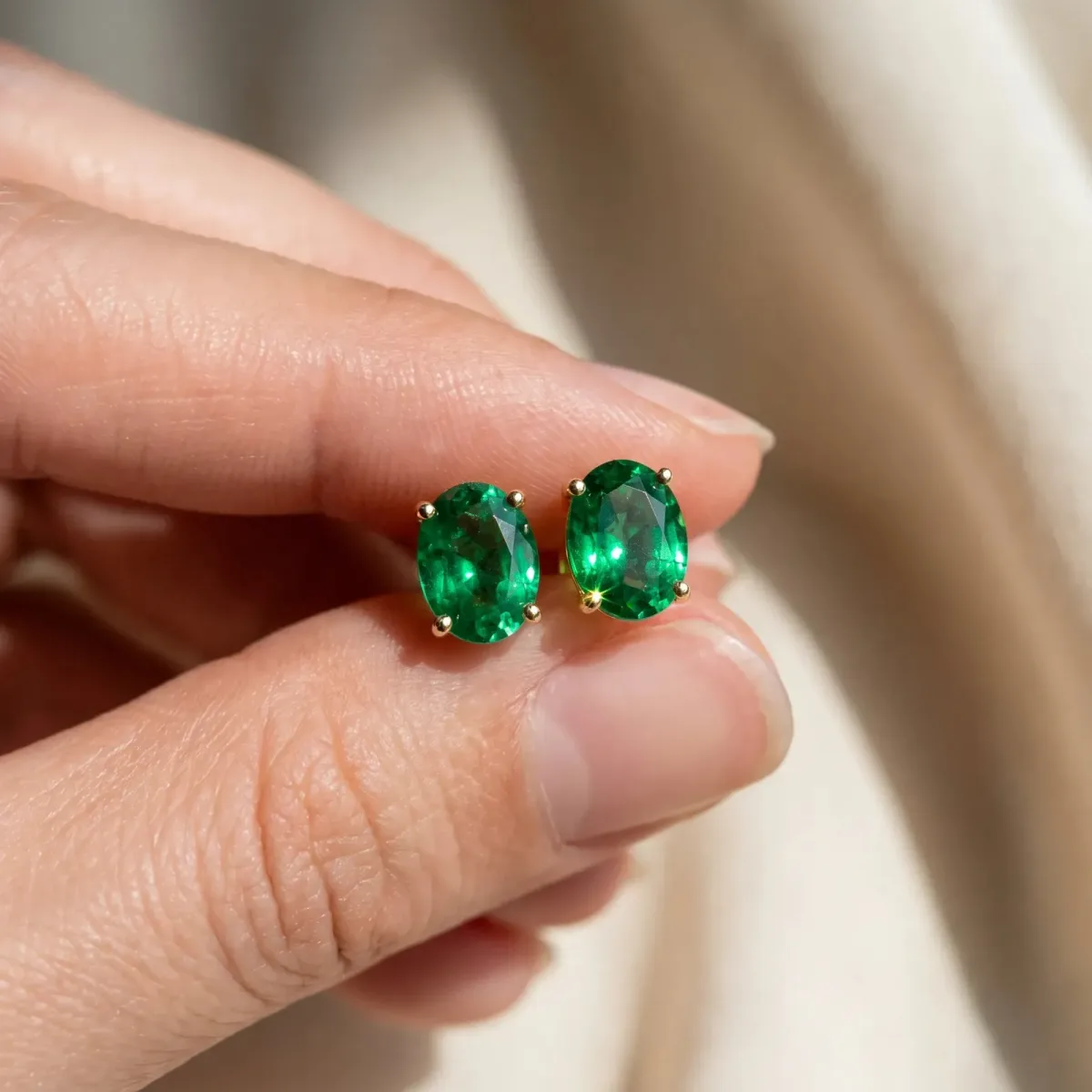 Oval Cut Emerald Stud Earrings Yellow gold