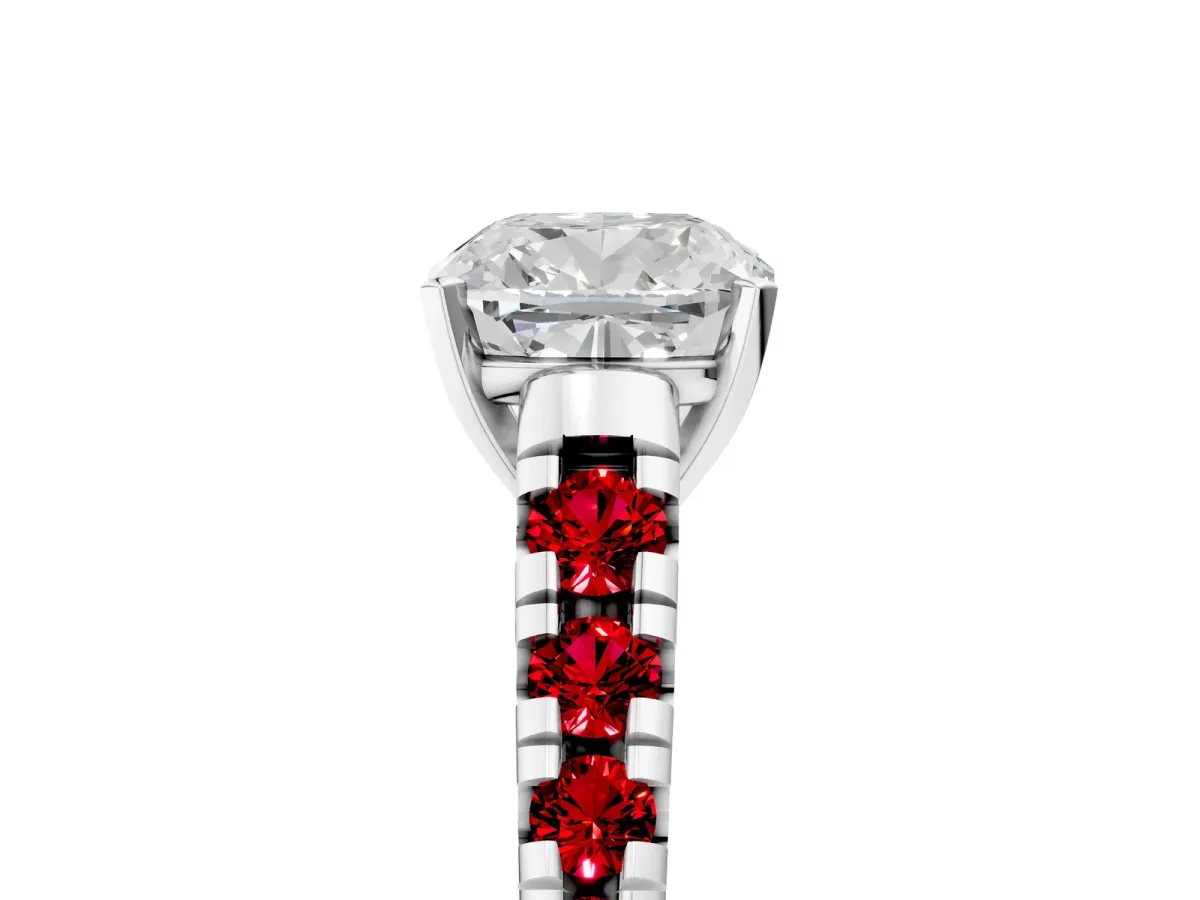 Cushion Cut Diamond Cathedral Solitaire Ring with Round Ruby Pavé Band White gold