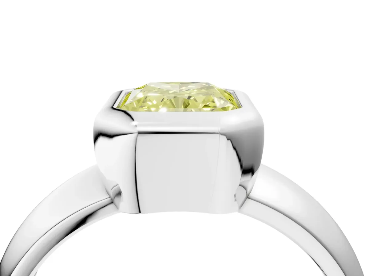 Fancy Yellow Bezel Set Radiant Cut Solitaire Ring with Wide Band Platinum