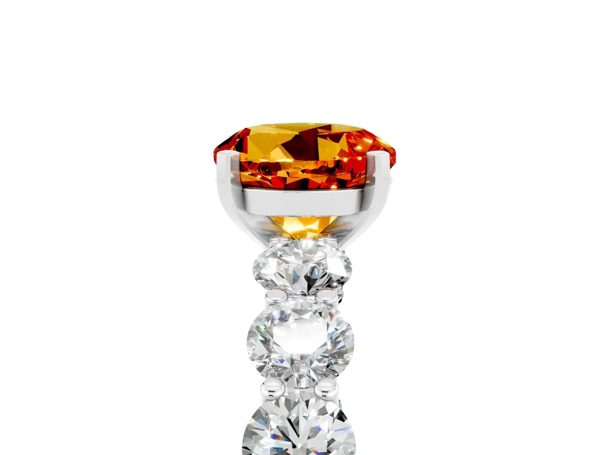 Round Cut Citrine Prong Setting with Side Stones on a Pave Band Platinum