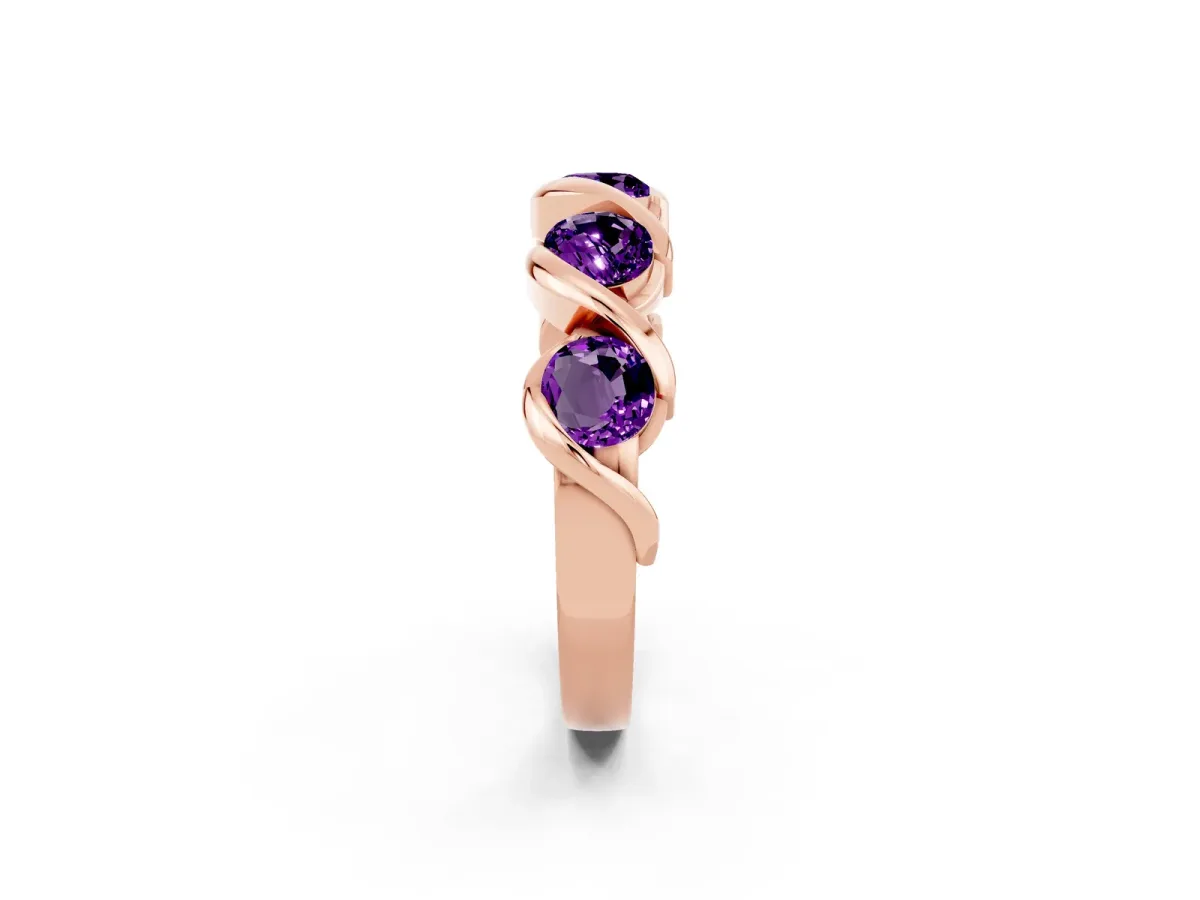 Round Amethyst Wave Band with Channel Setting and Shared Prongs Rose gold