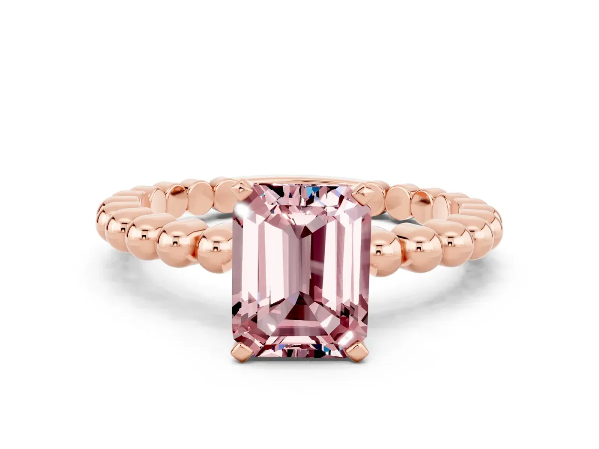 Emerald Cut Morganite Solitaire Ring with Beaded Band and Prong Setting Rose gold