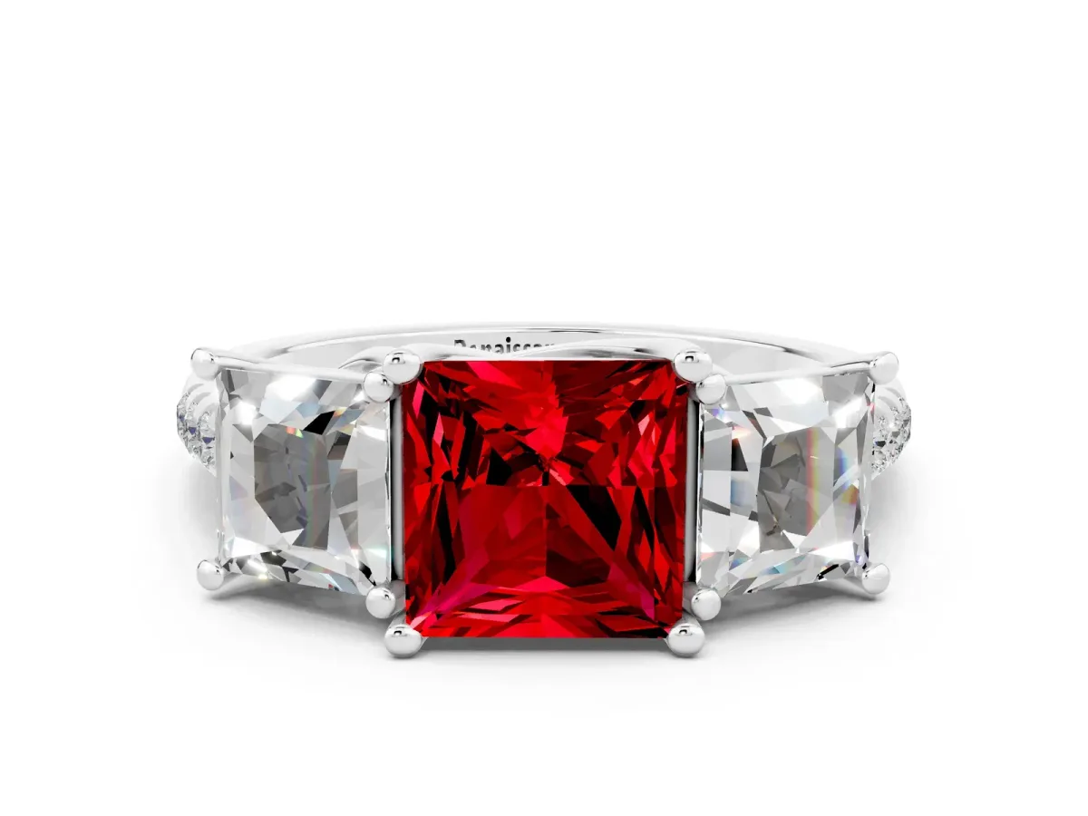 Three-Stone Princess Cut Ruby Ring with Round Pavé Band and Prong Setting Platinum