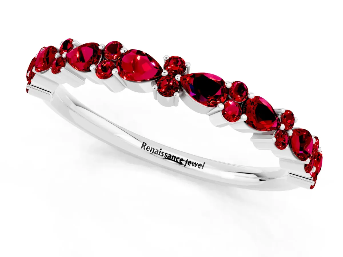 Pear and Round Ruby Wedding Band Platinum