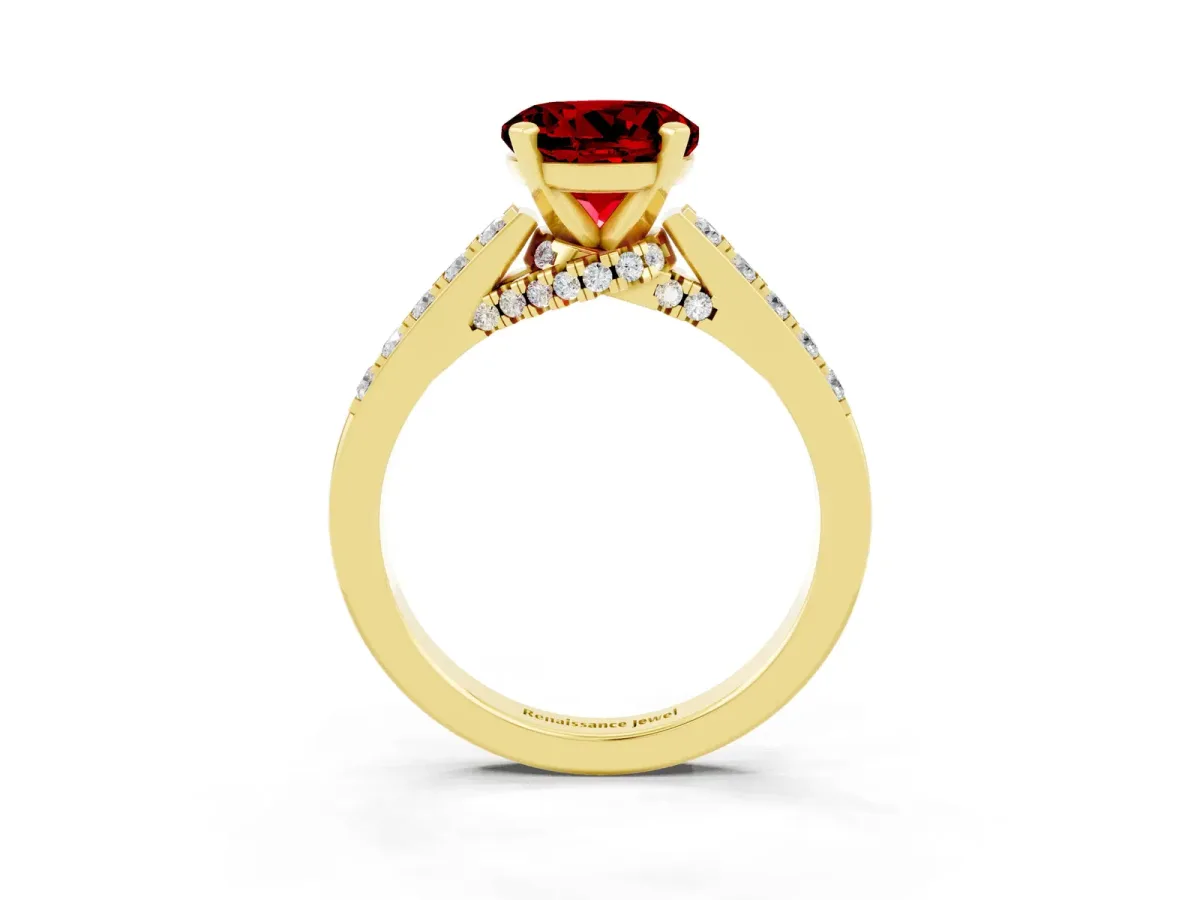 Round Cut Ruby Solitaire Ring with Crossover Gallery and Round Pavé Band Yellow gold