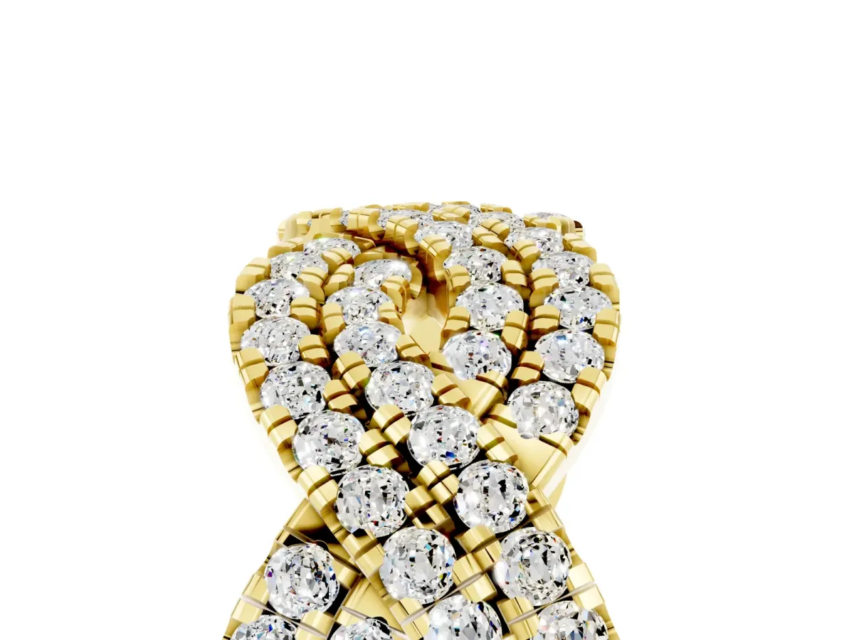 Pavé Round Moissanite Infinity Twist Band with Shared Prong Setting Yellow gold
