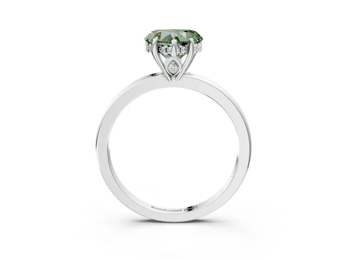 Fancy Green Heart Cut Solitaire Diamond Ring with Prong Setting and Plain Band Silver