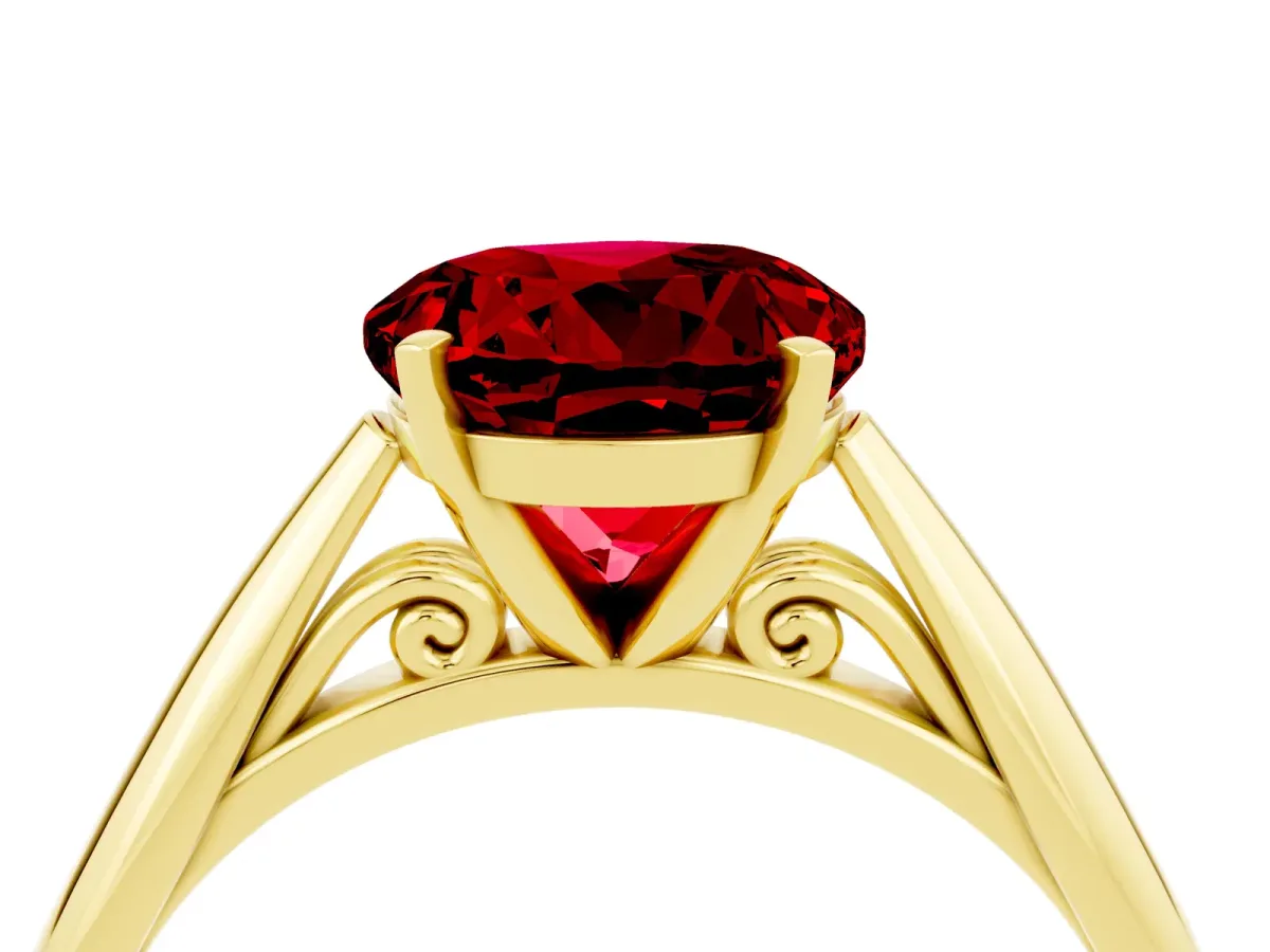Round Cut Ruby Solitaire Engagement Ring with Cathedral Setting and Four-Prong Mount Yellow gold