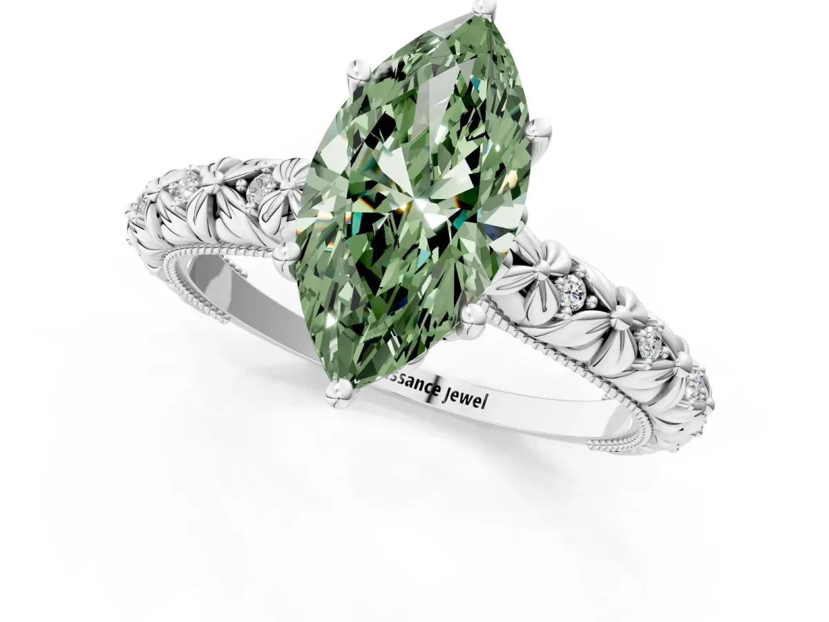 Fancy Green Marquise Cut Solitaire Floral Milgrain Engagement Ring Silver