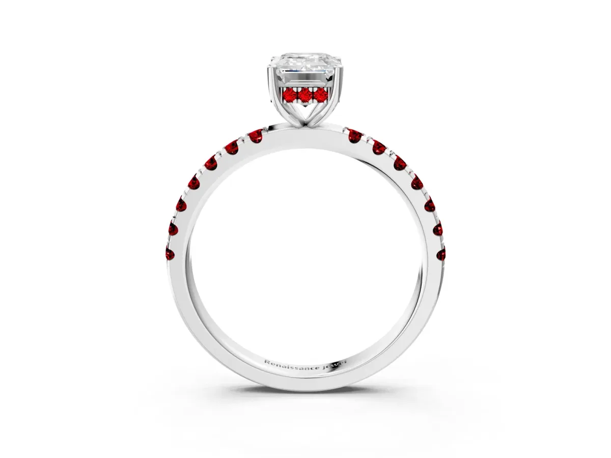 Emerald Cut Diamond Pave Band Solitaire Ring with Round Ruby and Prong Setting White gold