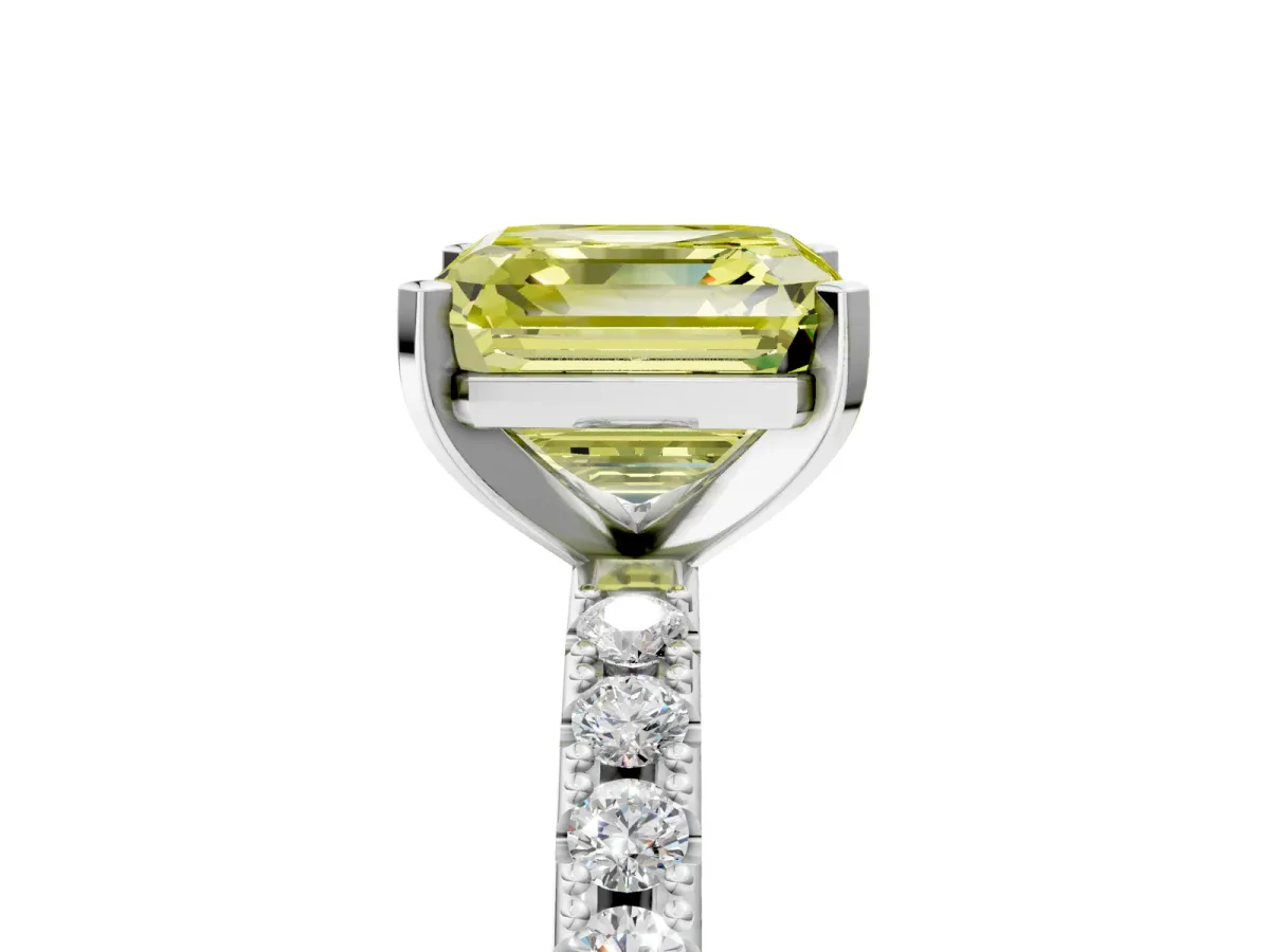 Fancy Yellow Asscher Cut Diamond Solitaire Pavé Band with Four-Prong Setting Silver