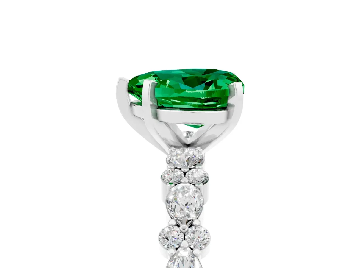Heart Cut Emerald Side Stone Solitaire Ring with Round and Four-Prong Setting Platinum