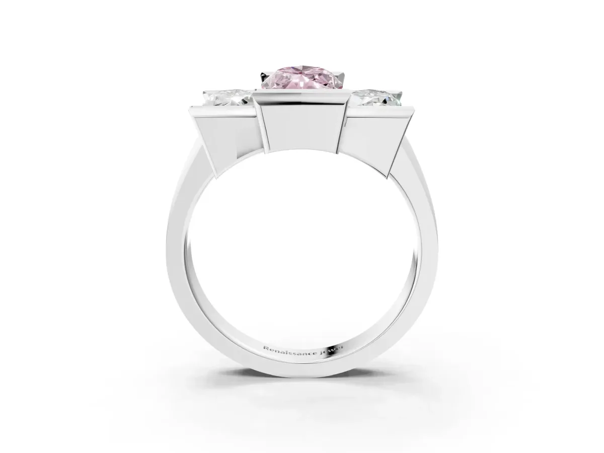 Fancy Pink Three Stone Marquise Cut Cut Channel Set Diamond Ring Silver